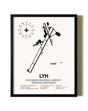 Framed Lynchburg Regional Airport / Preston Glenn Field wall art poster in black frame