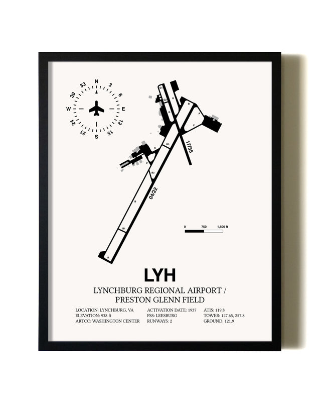 Framed Lynchburg Regional Airport / Preston Glenn Field wall art poster in black frame