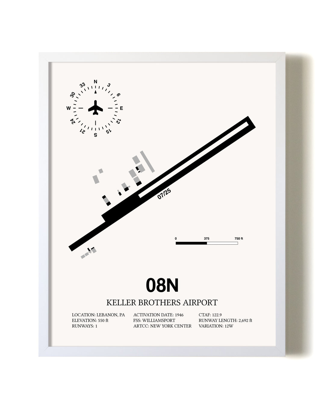 Keller Brothers Airport airport map poster in oak frame