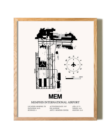 Memphis International Airport framed print in natural wood frame