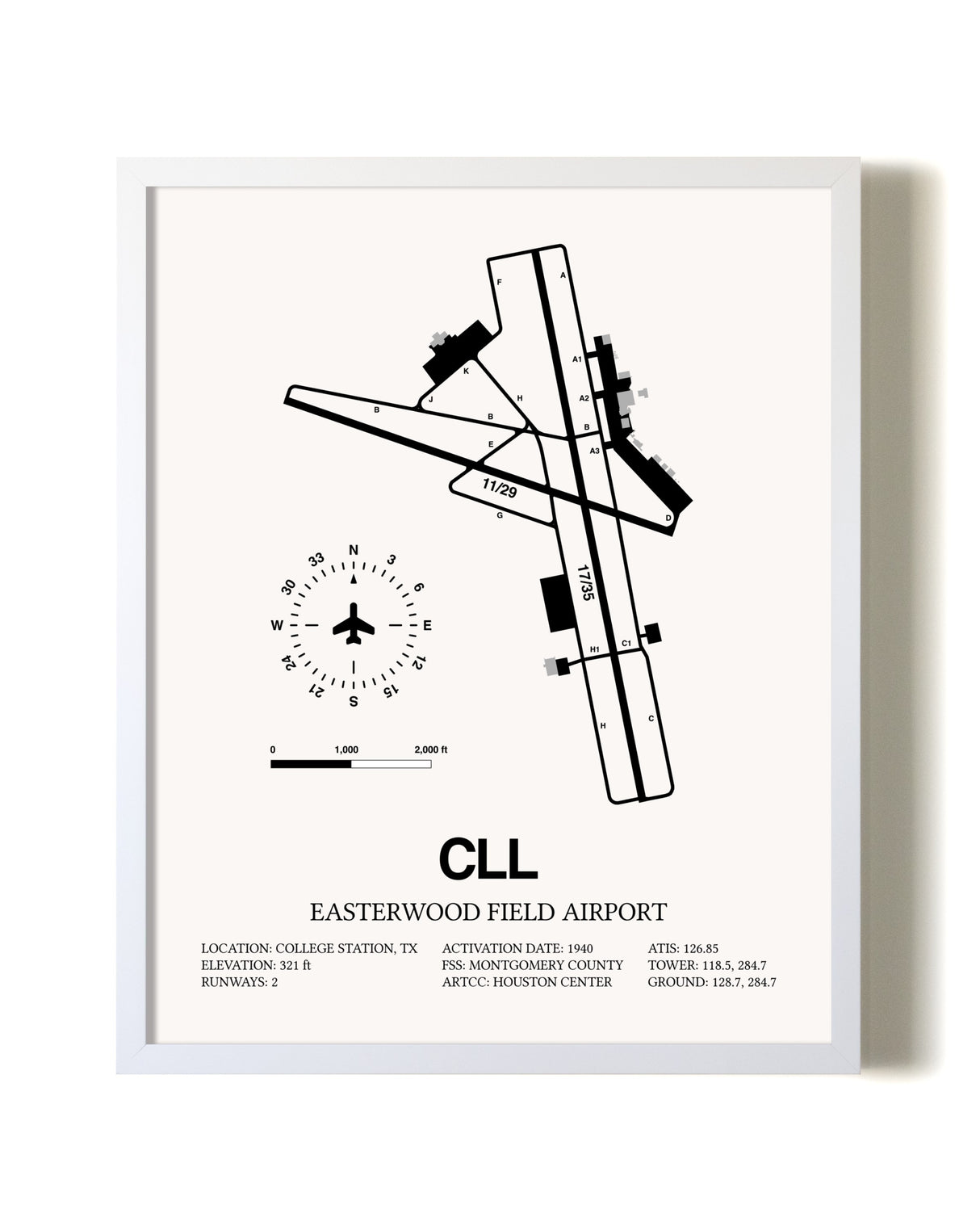 Easterwood Field Airport airport map poster in oak frame