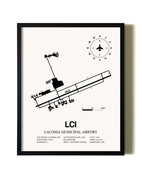 Framed Laconia Municipal Airport wall art poster in black frame