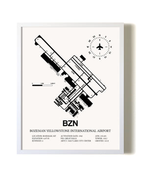Bozeman Yellowstone International Airport airport map poster in oak frame
