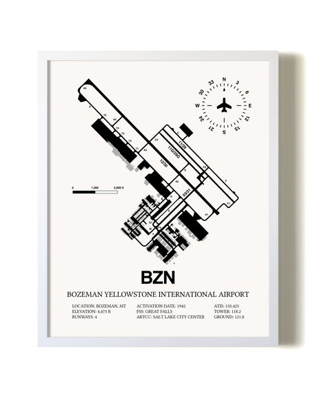 Bozeman Yellowstone International Airport airport map poster in oak frame