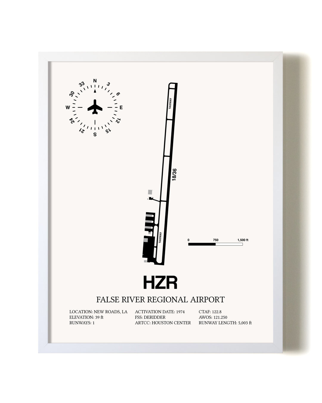 False River Regional Airport airport map poster in oak frame