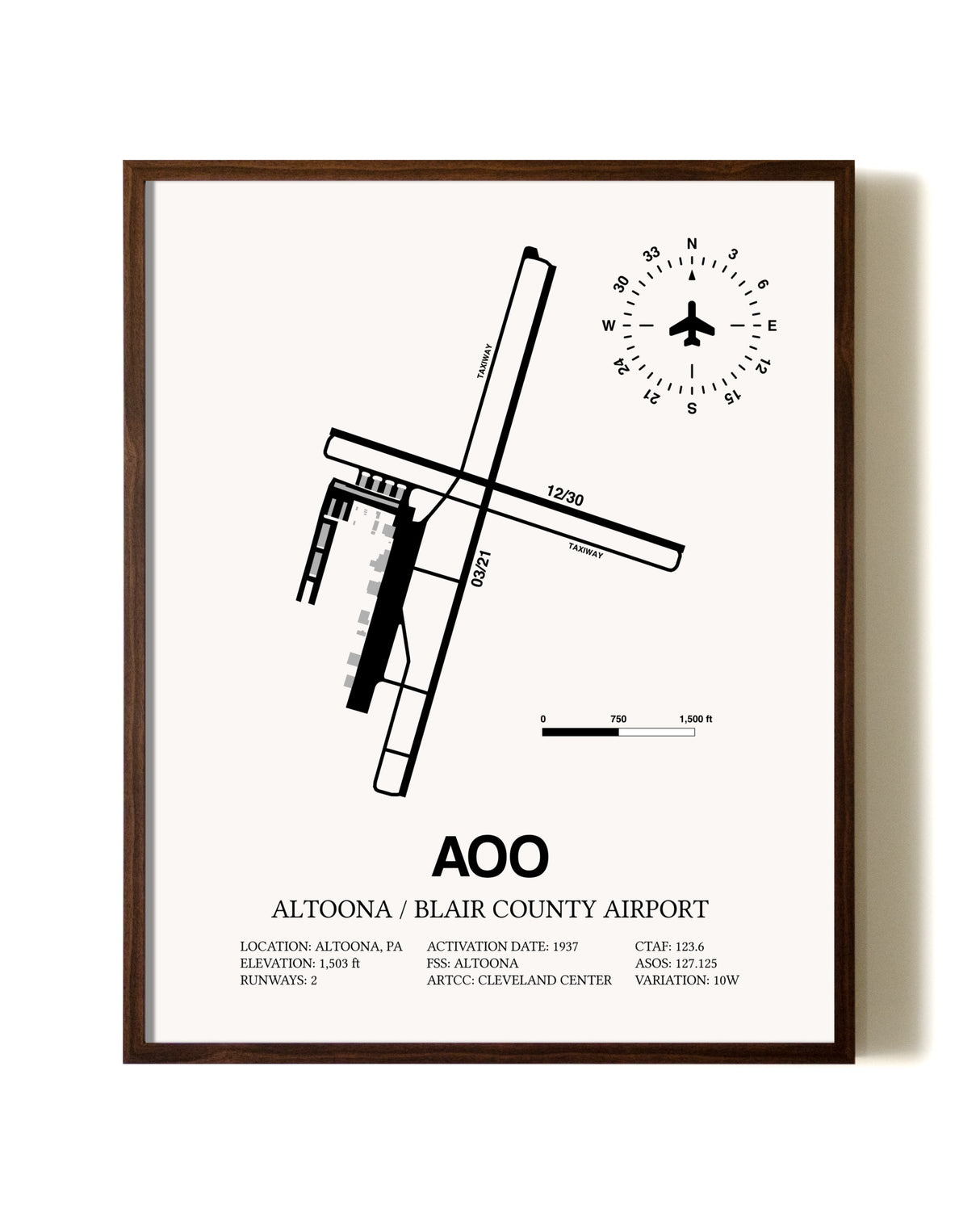 Altoona / Blair County Airport aviation print in walnut frame