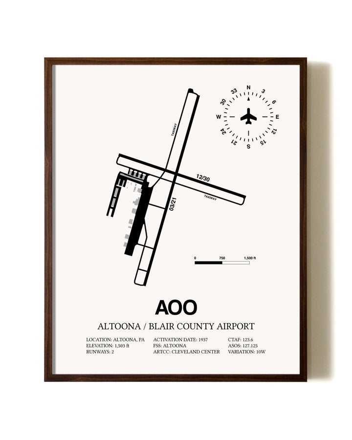 Altoona / Blair County Airport aviation print in walnut frame