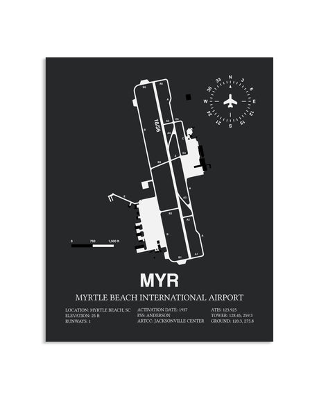Gray Framed Myrtle Beach International Airport layout wall art poster
