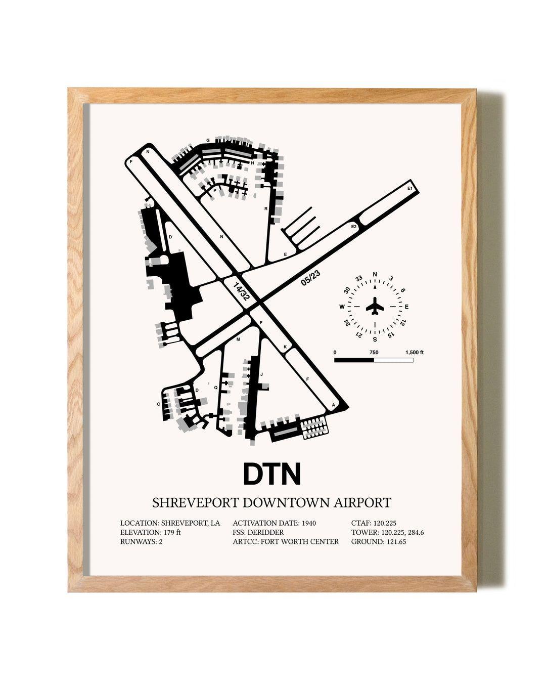 Shreveport Downtown Airport framed print in natural wood frame