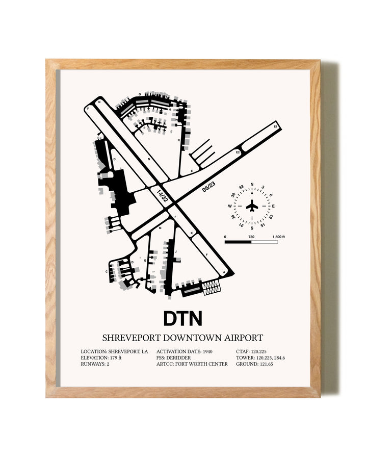 Shreveport Downtown Airport framed print in natural wood frame