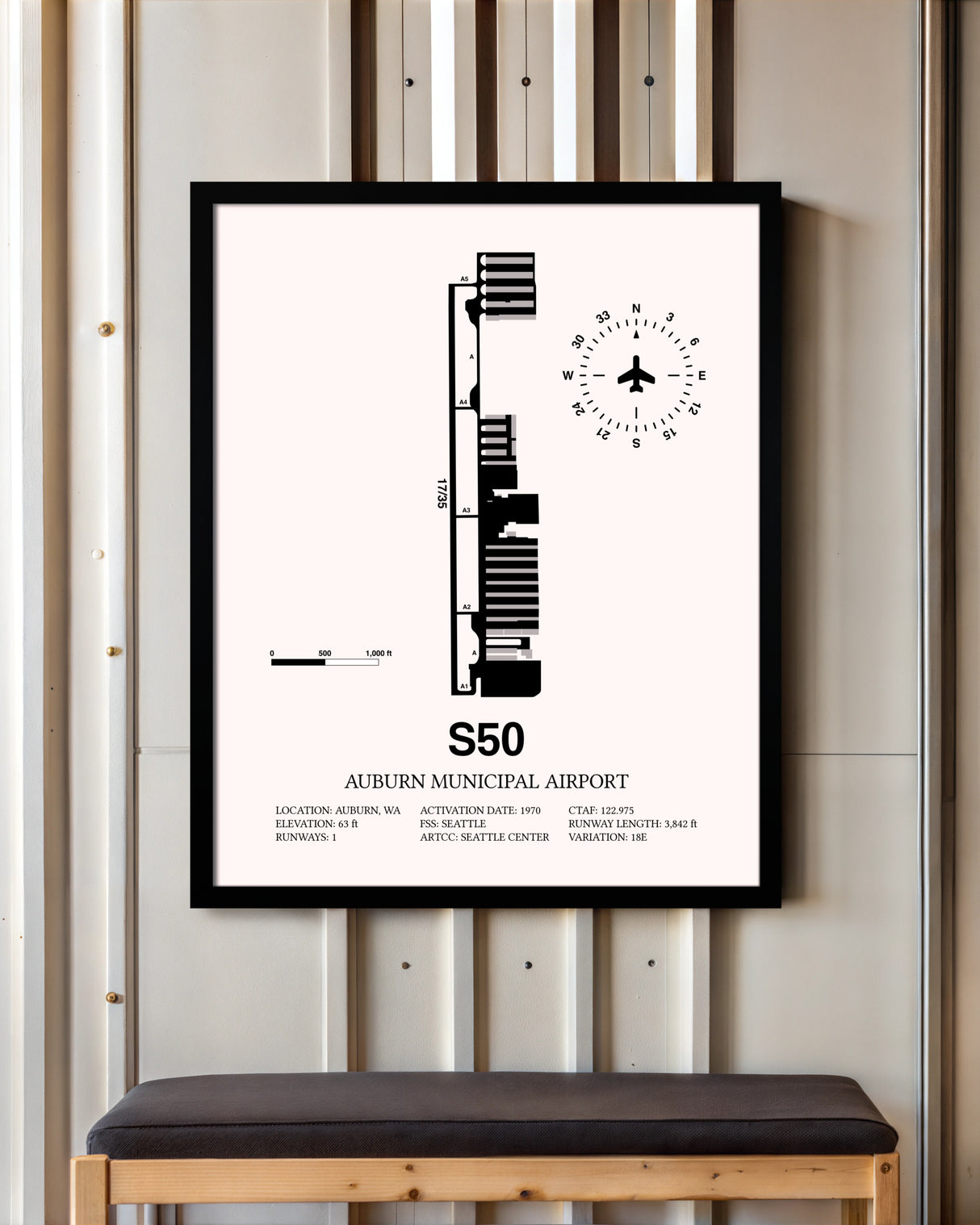 Auburn Municipal Airport framed poster displayed in an airplane hangar