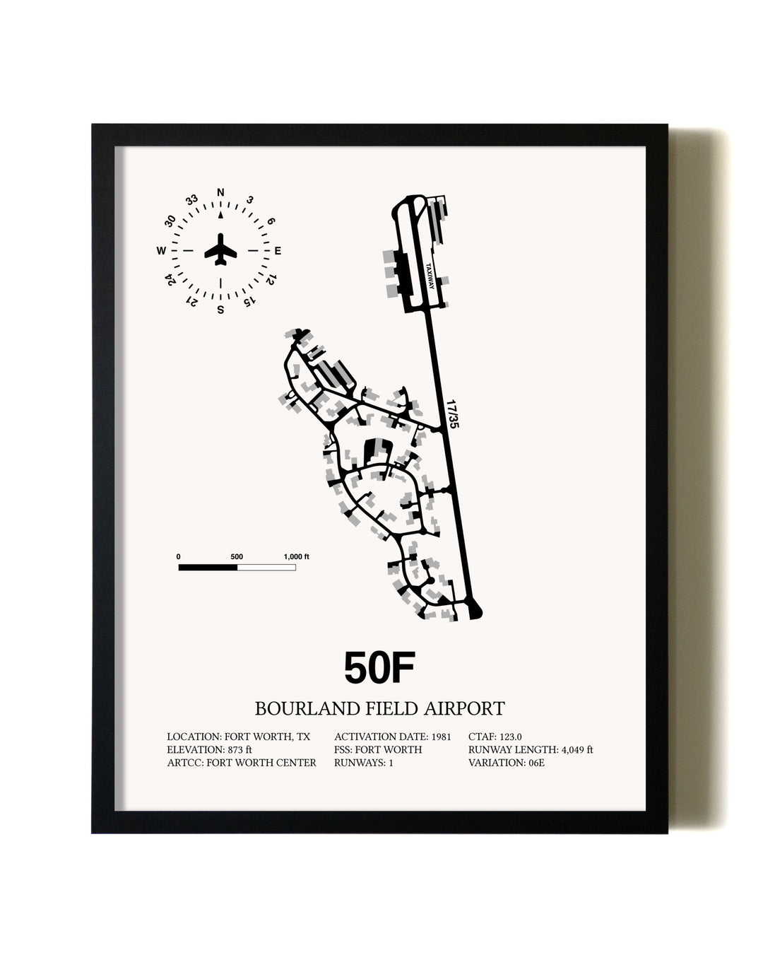 Framed Bourland Field Airport wall art poster in black frame
