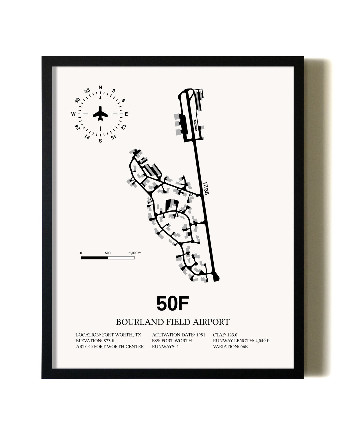 Framed Bourland Field Airport wall art poster in black frame