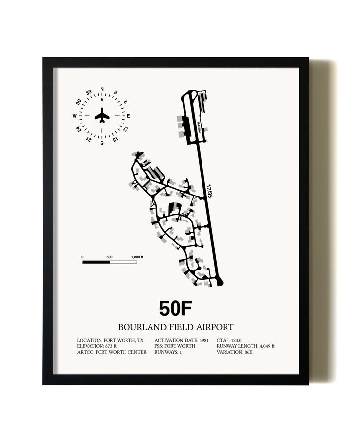 Framed Bourland Field Airport wall art poster in black frame