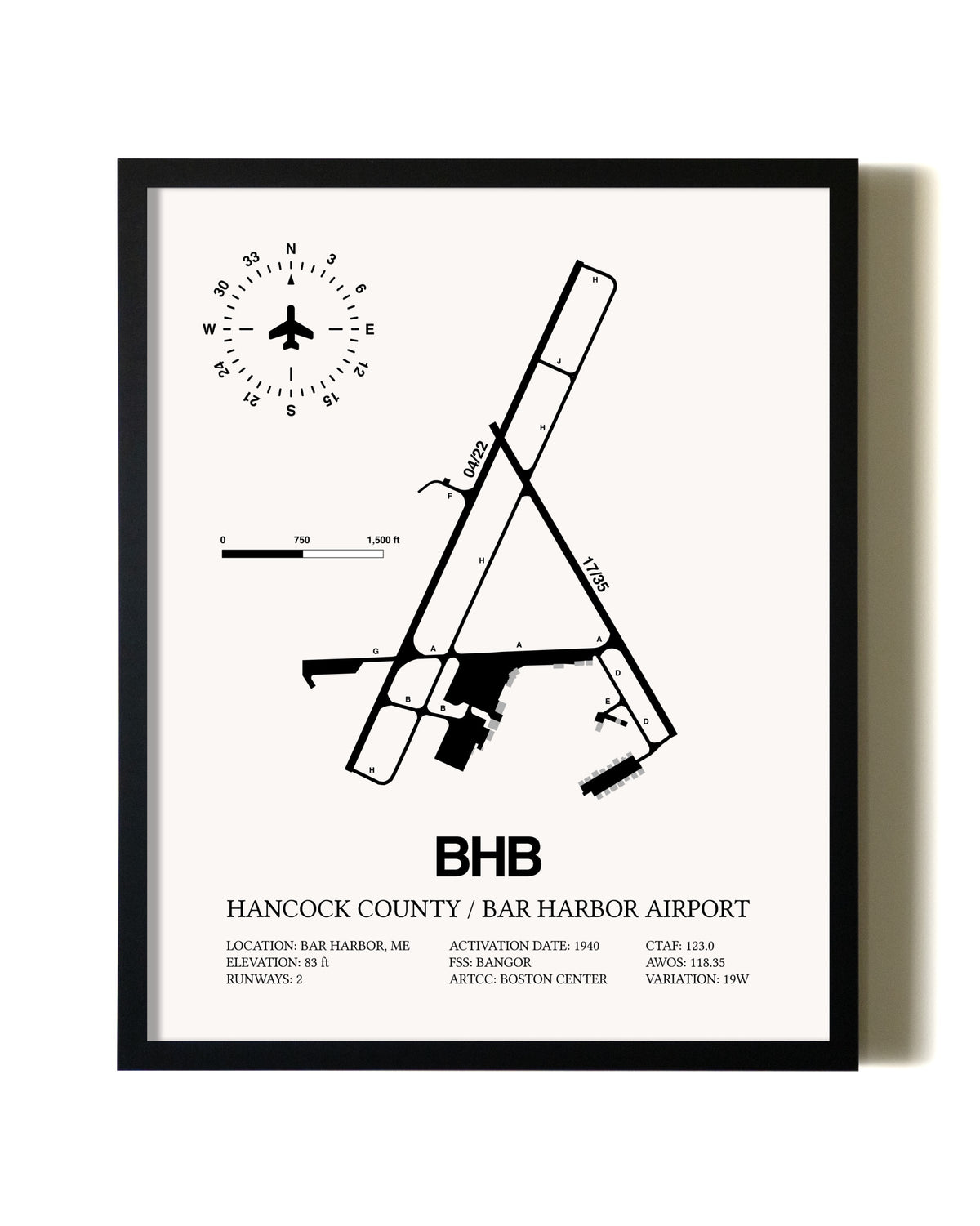 Framed Hancock County / Bar Harbor Airport wall art poster in black frame