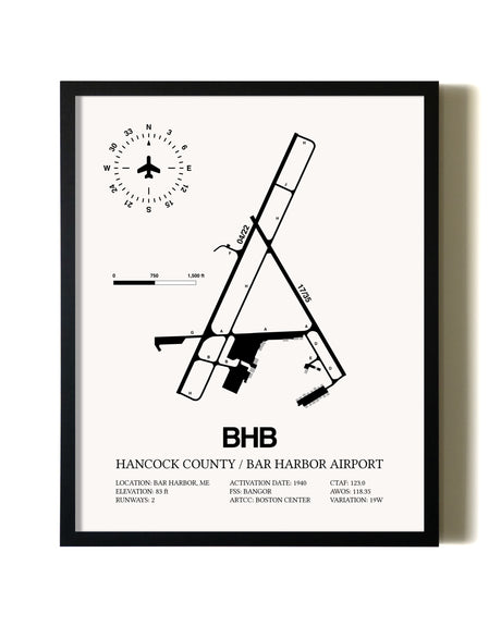 Framed Hancock County / Bar Harbor Airport wall art poster in black frame