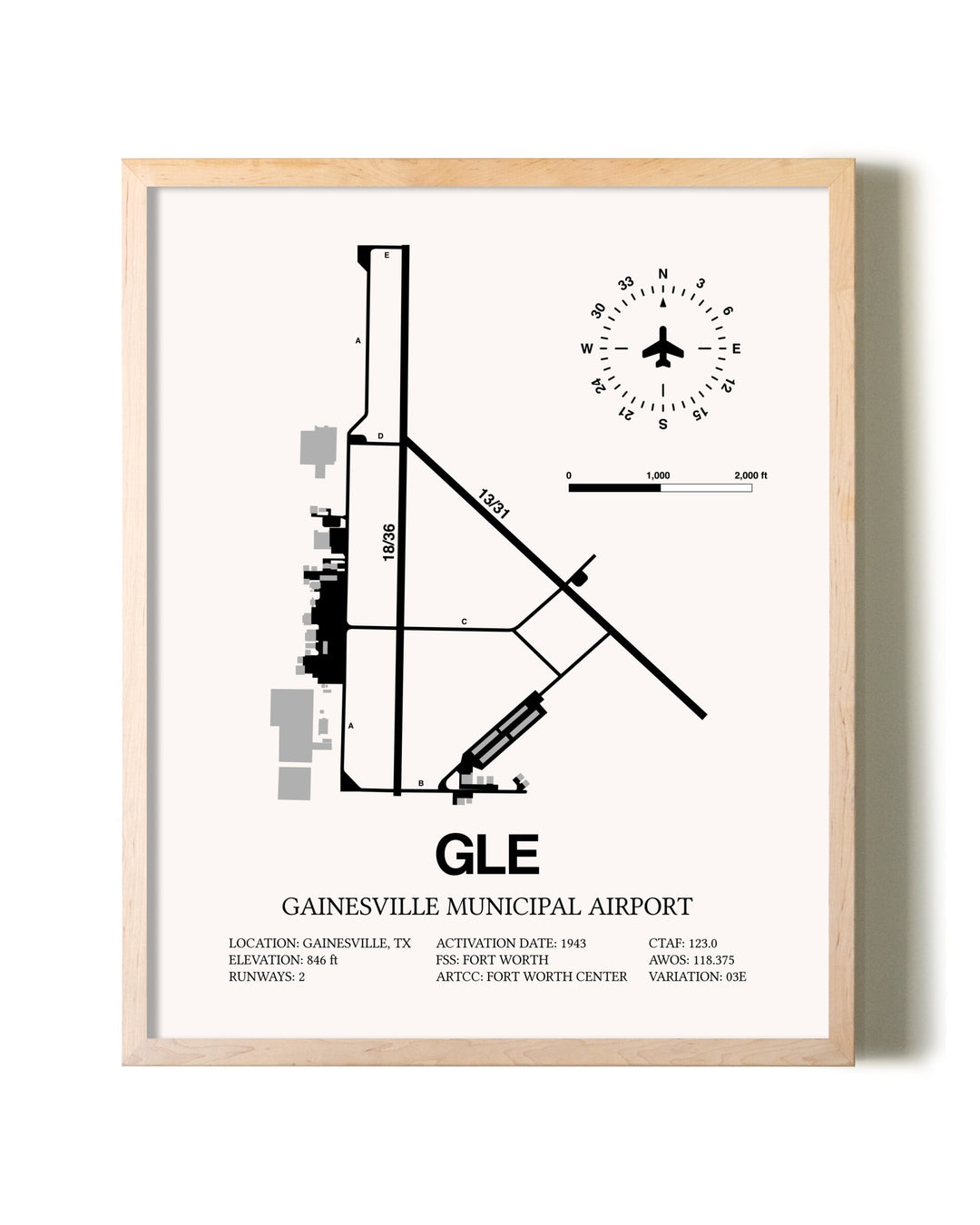 Gainesville Municipal Airport framed wall art in white frame