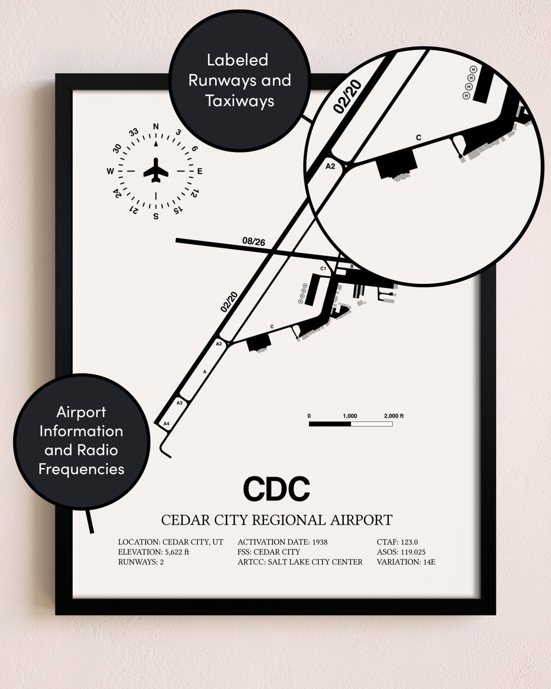 Framed Cedar City Regional Airport layout wall art poster