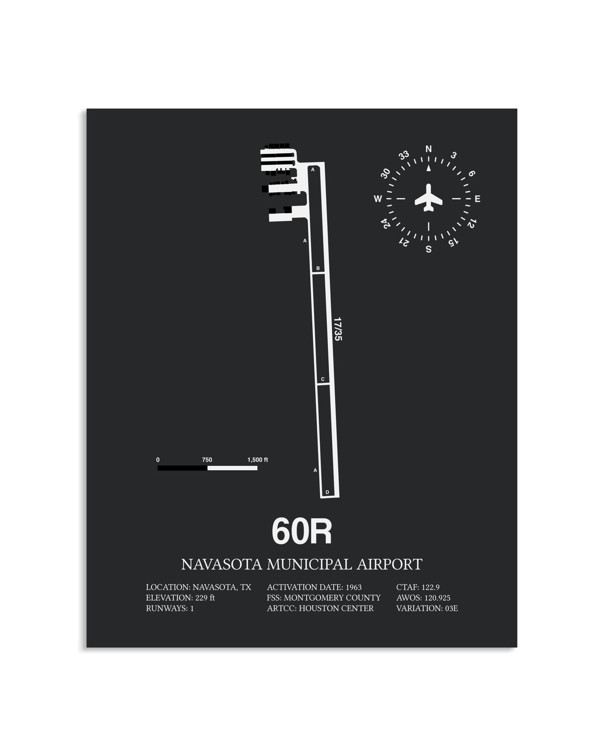 Gray Framed Navasota Municipal Airport layout wall art poster