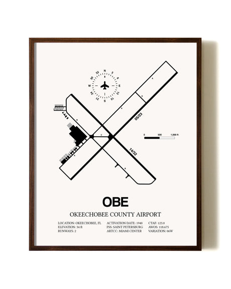 Okeechobee County Airport aviation print in walnut frame
