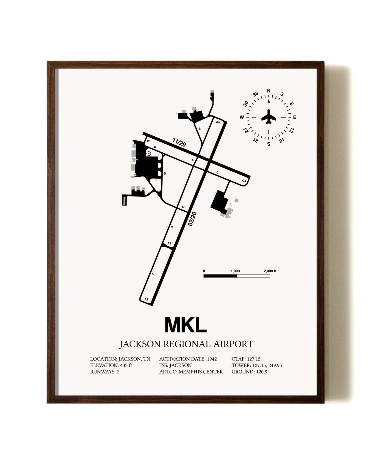 Jackson Regional Airport aviation print in walnut frame