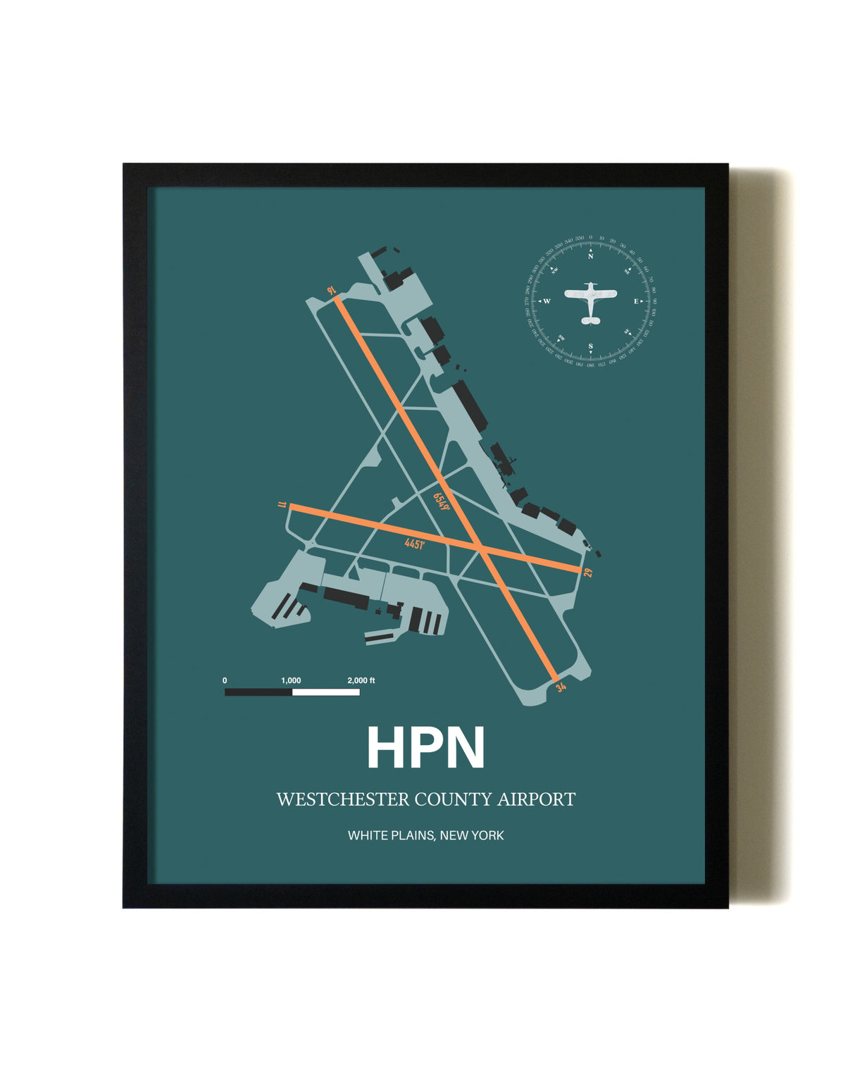 Green Westchester County Airport aviation wall décor in black wood frame