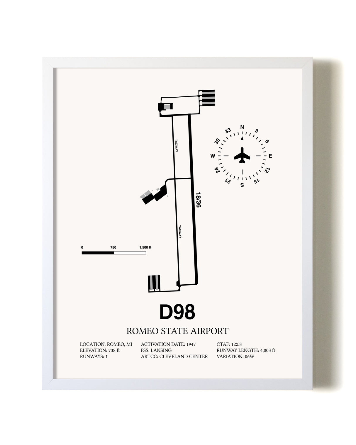 Romeo State Airport airport map poster in oak frame