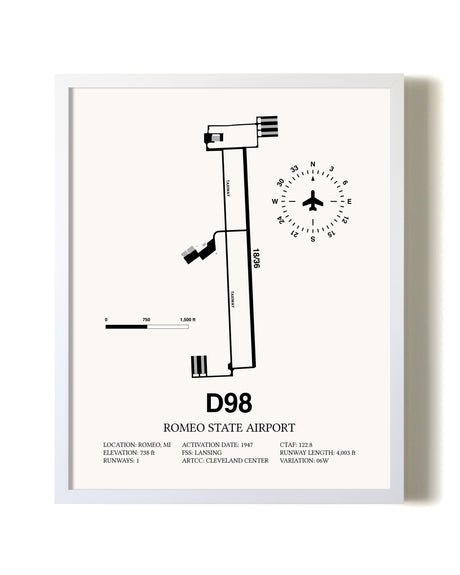 Romeo State Airport airport map poster in oak frame
