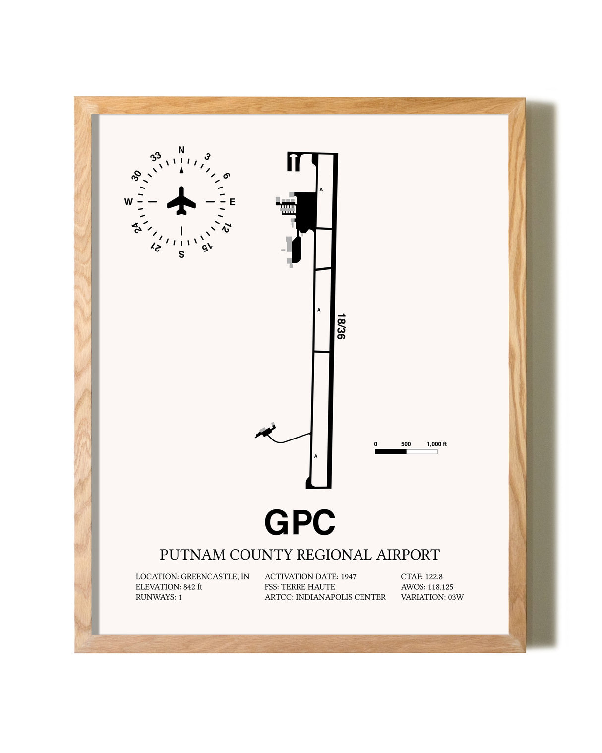 Putnam County Regional Airport framed print in natural wood frame