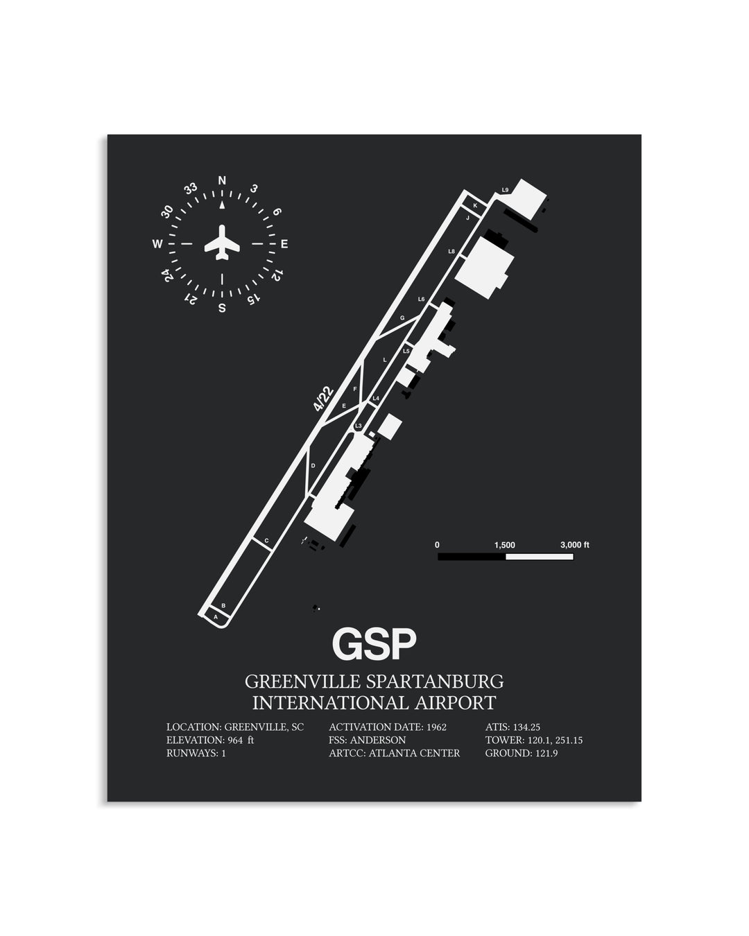 Gray Framed Greenville Spartanburg International Airport layout wall art poster