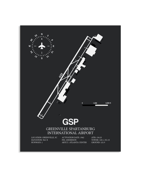 Gray Framed Greenville Spartanburg International Airport layout wall art poster