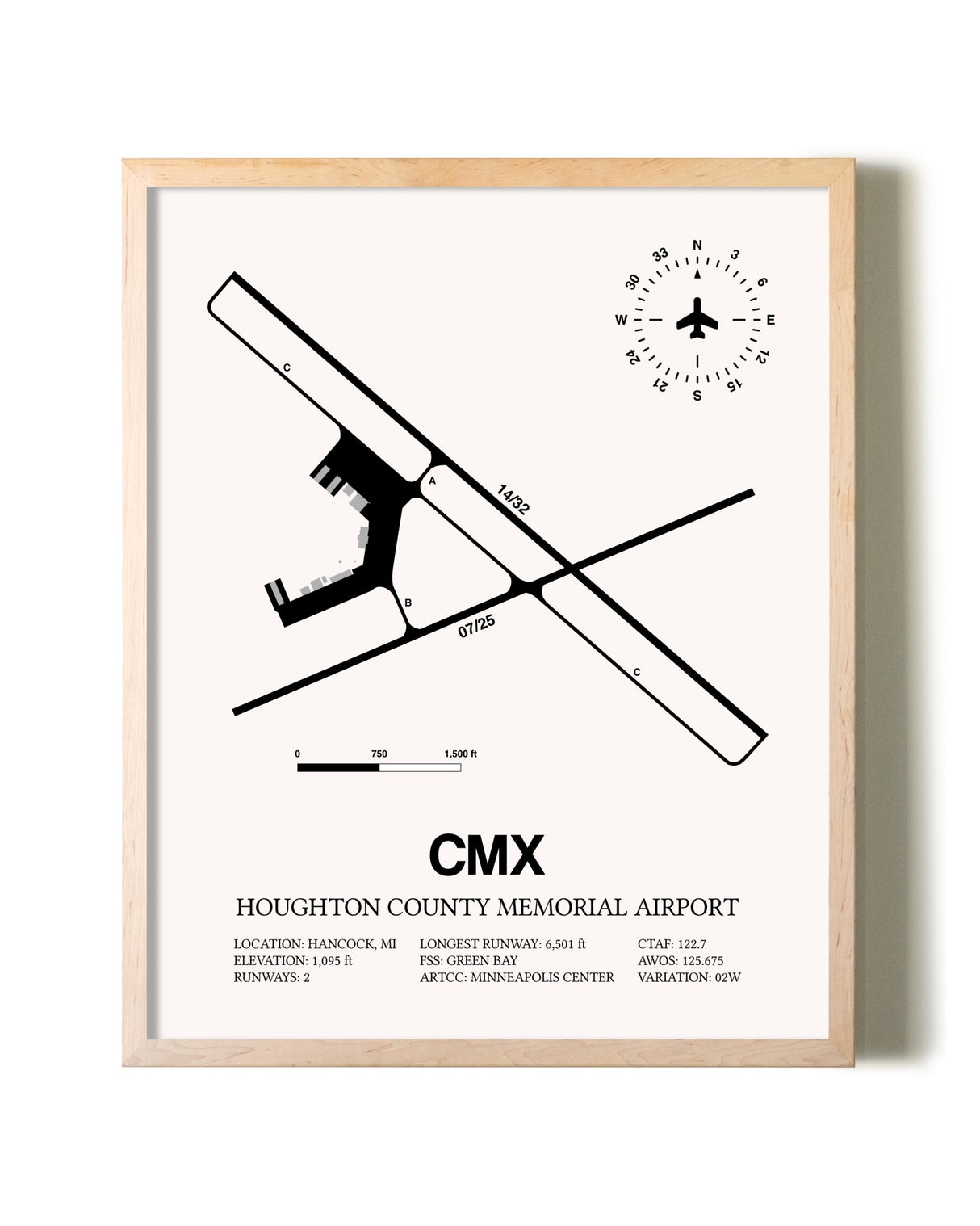 Houghton County Memorial Airport framed wall art in white frame