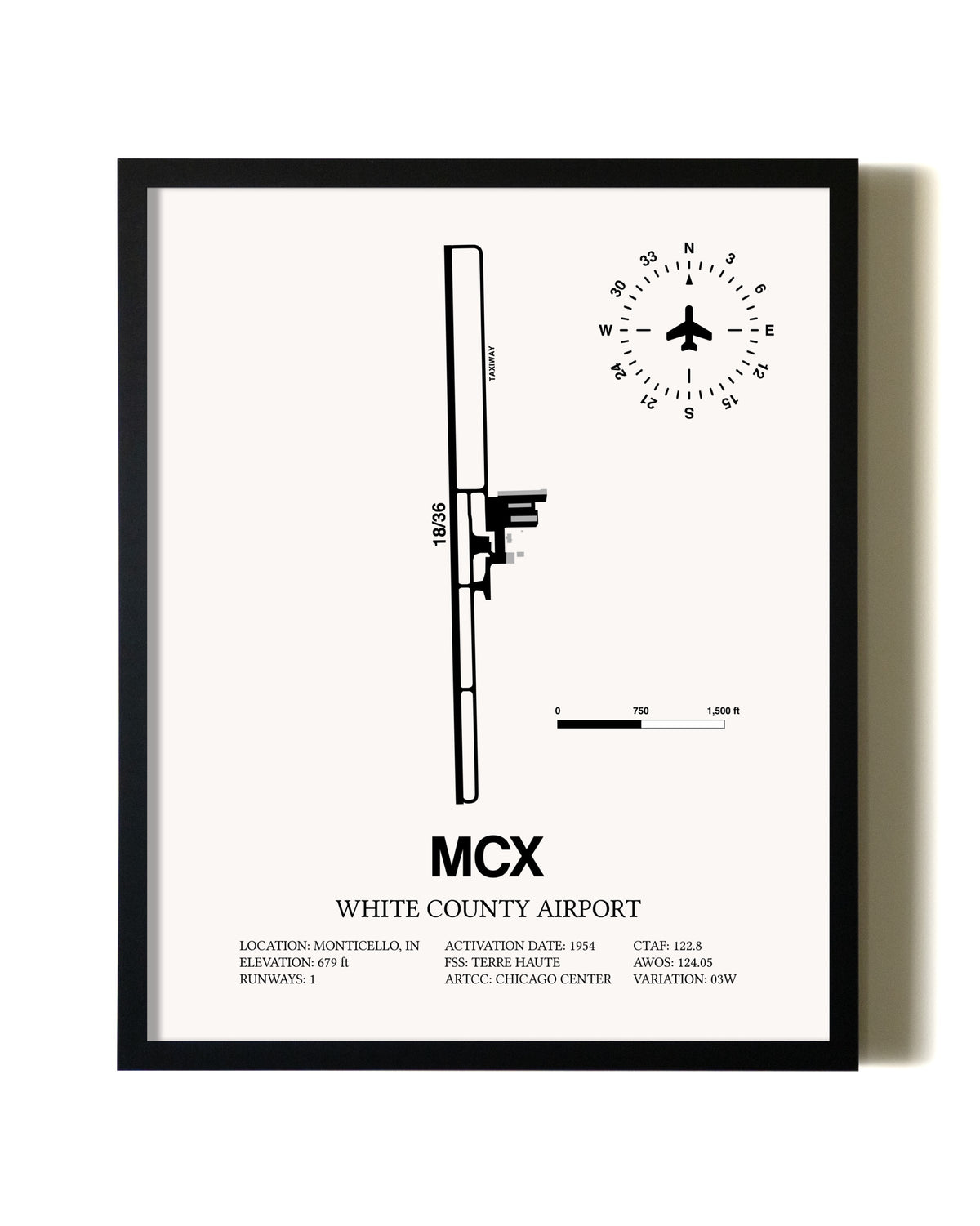 Framed White County Airport wall art poster in black frame
