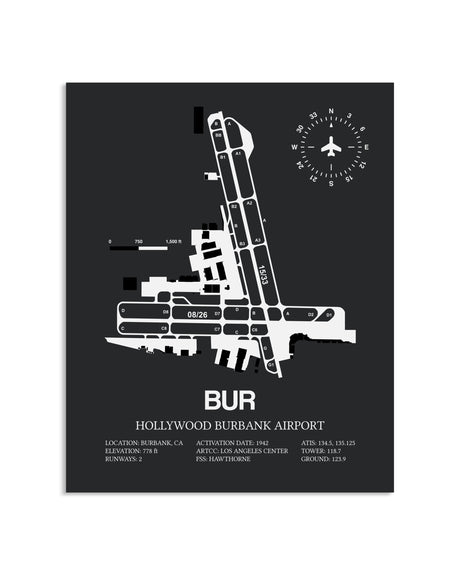 Gray Framed Hollywood Burbank Airport layout wall art poster