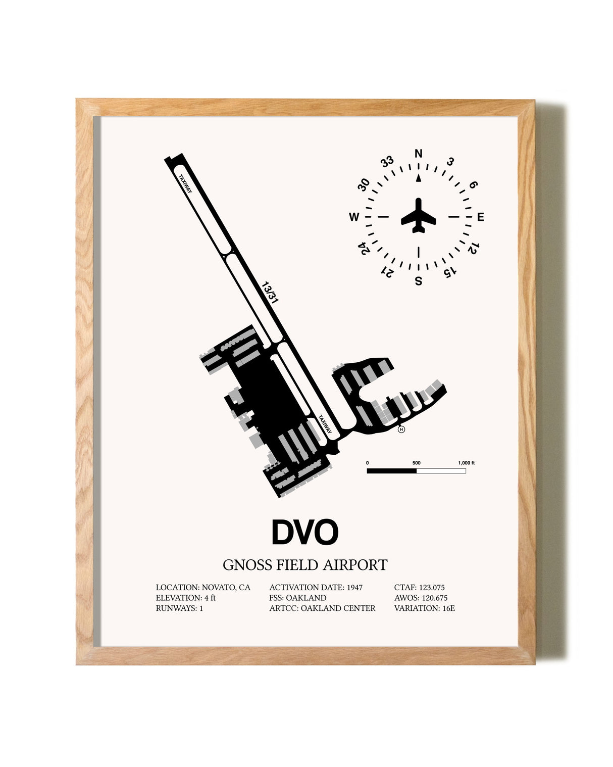 Gnoss Field Airport framed print in natural wood frame