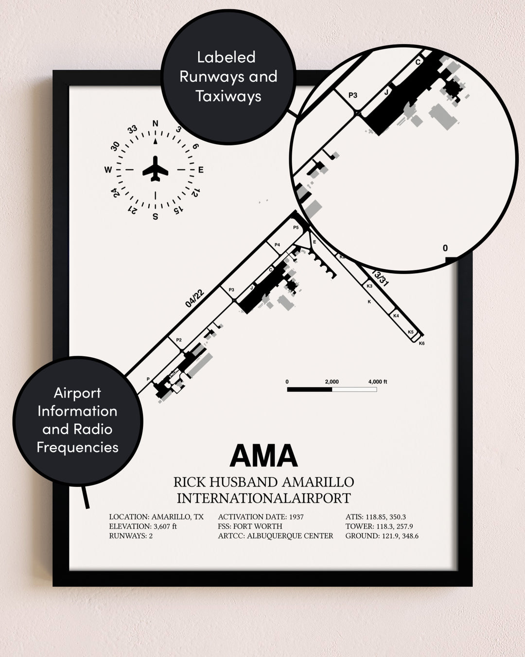 Framed Rick Husband Amarillo International Airport layout wall art poster