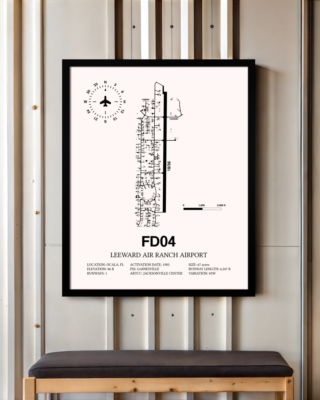 Leeward Air Ranch Airport framed poster displayed in an airplane hangar