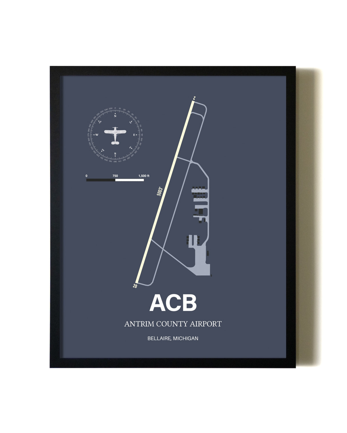 Blue and Cream Framed Antrim County Airport layout wall art poster