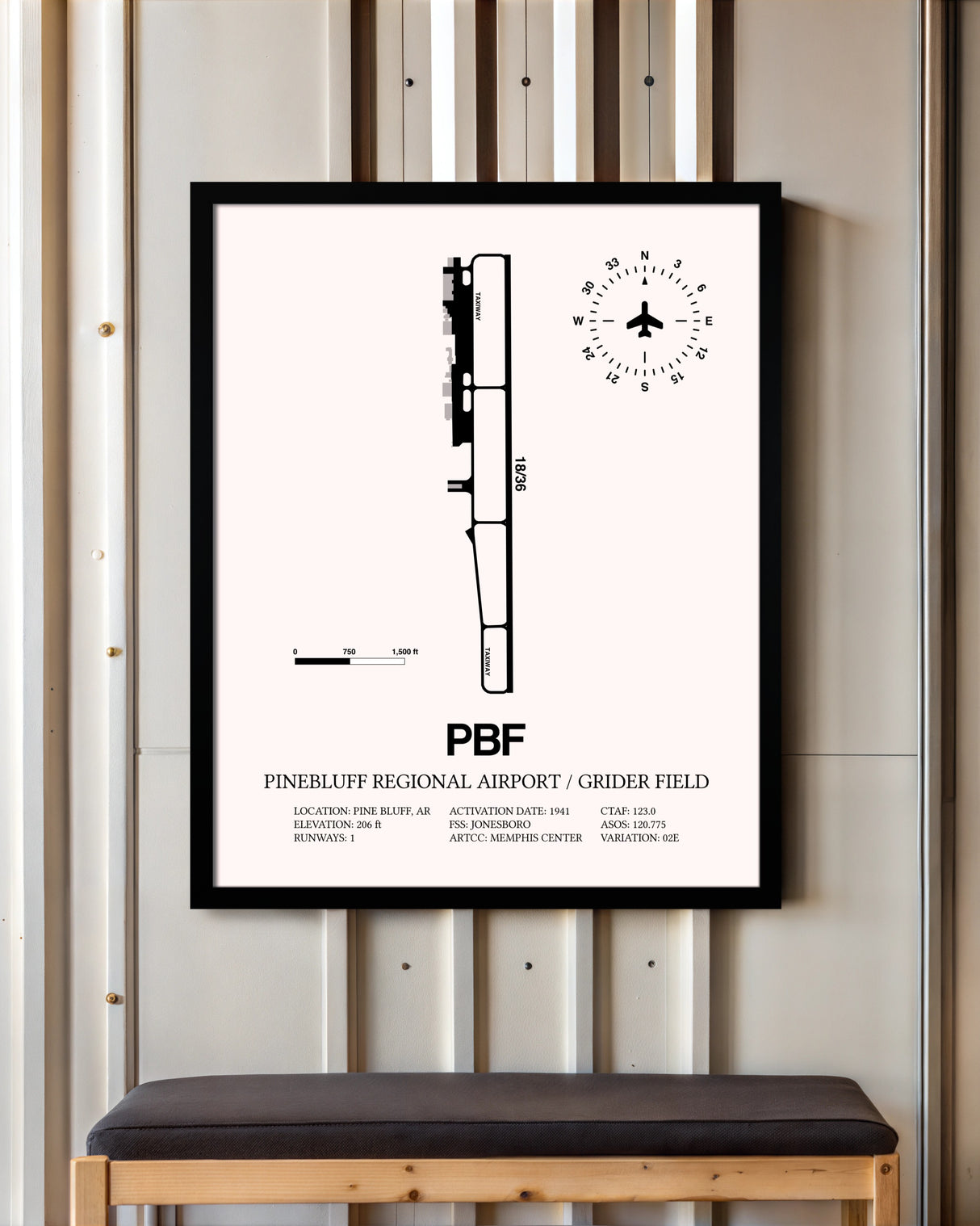 Pinebluff Regional Airport / Grider Field framed poster displayed in an airplane hangar
