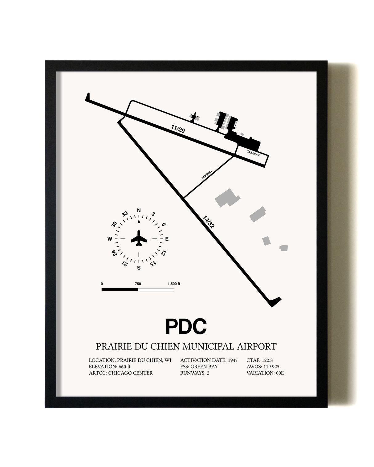 Framed Prairie Du Chien Municipal Airport wall art poster in black frame