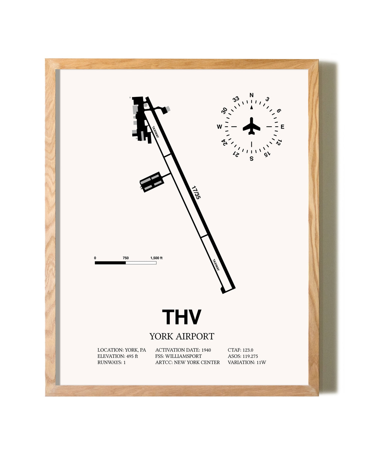 York Airport framed print in natural wood frame