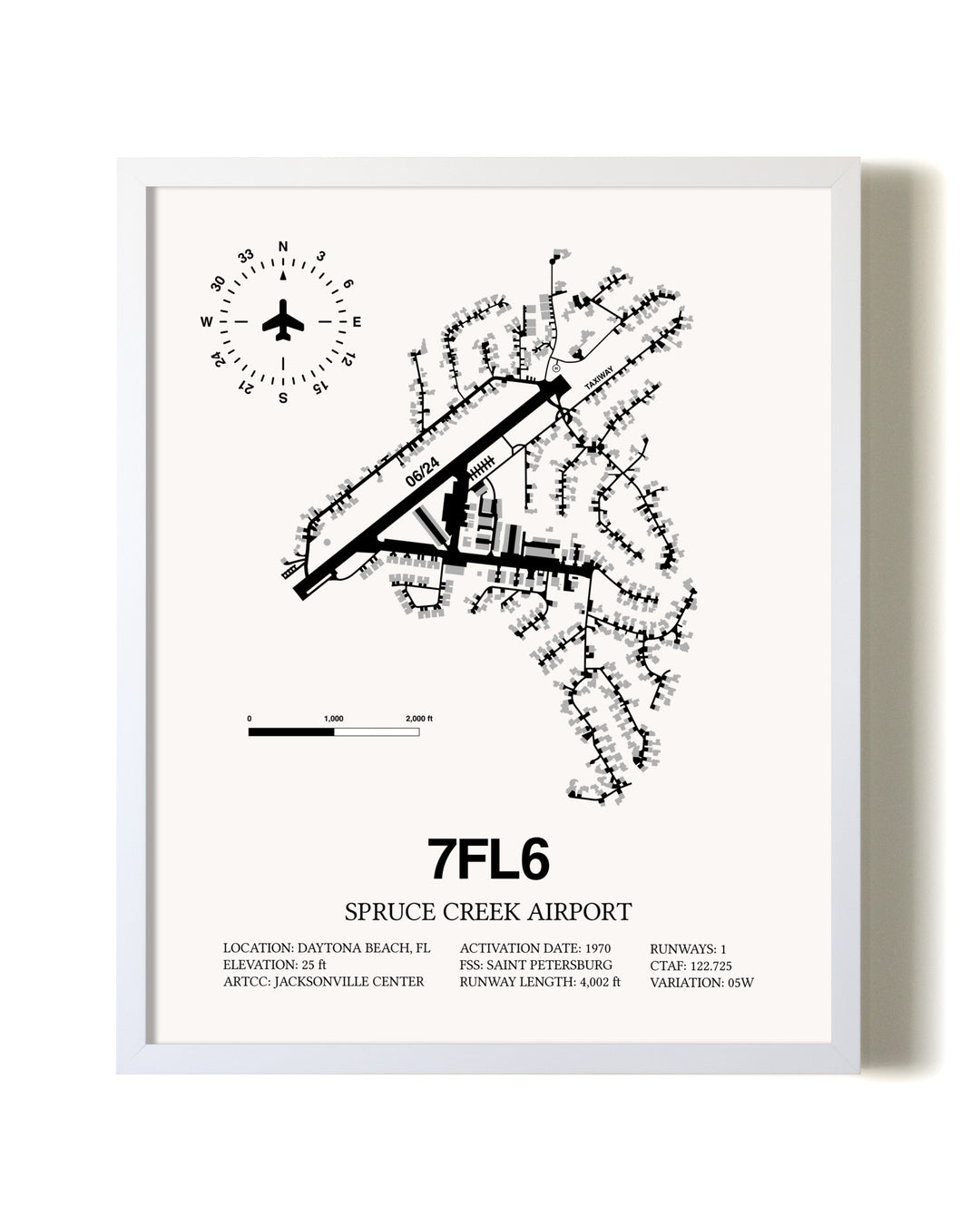 Spruce Creek Airport airport map poster in oak frame