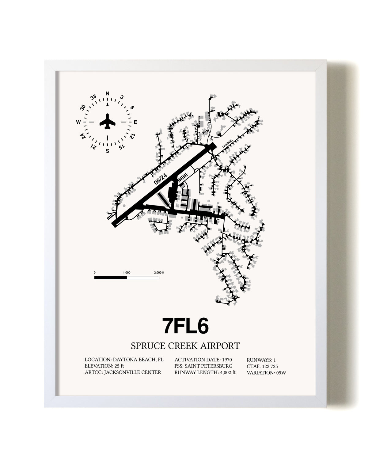 Spruce Creek Airport airport map poster in oak frame