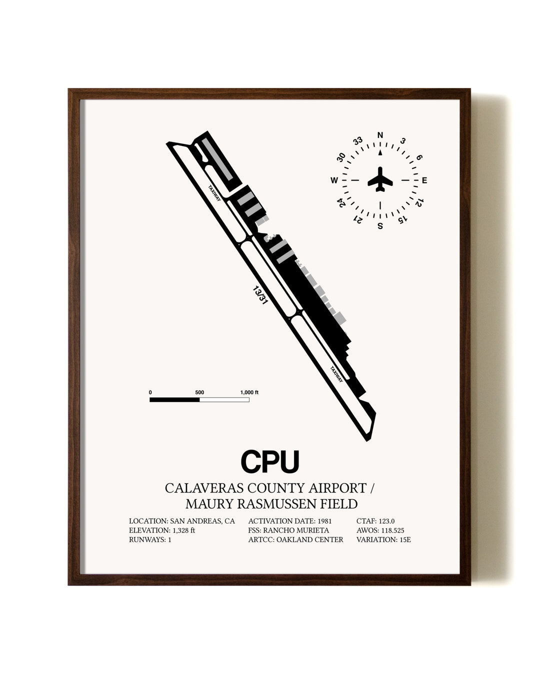Calaveras County Airport / Maury Rasmussen Field aviation print in walnut frame