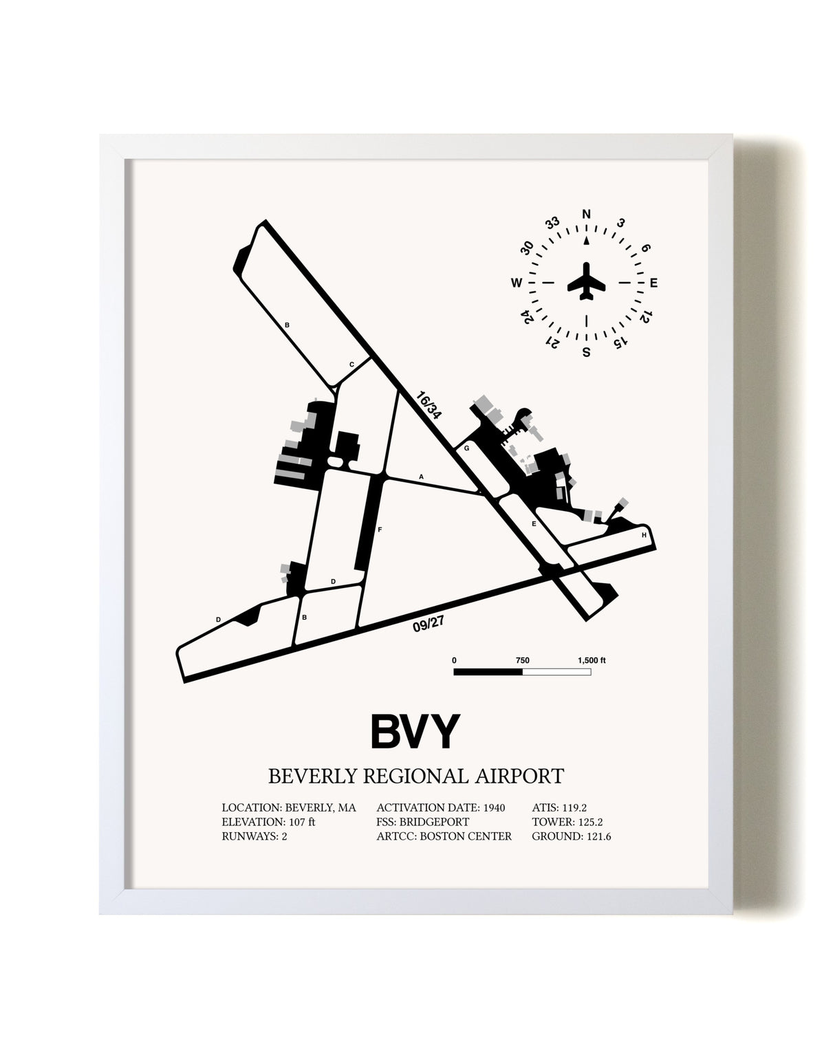 Beverly Regional Airport airport map poster in oak frame