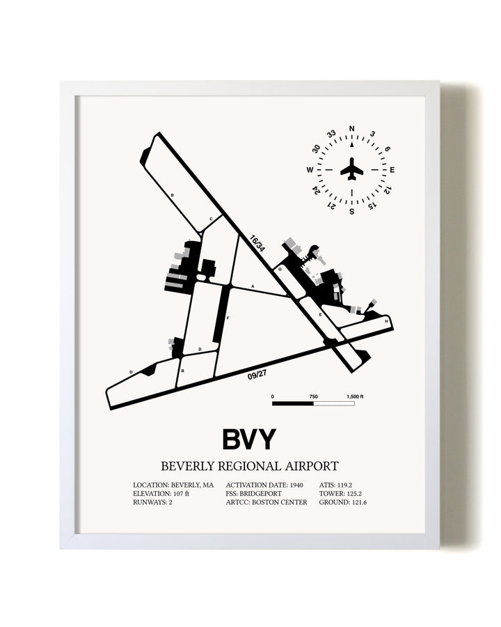Beverly Regional Airport airport map poster in oak frame