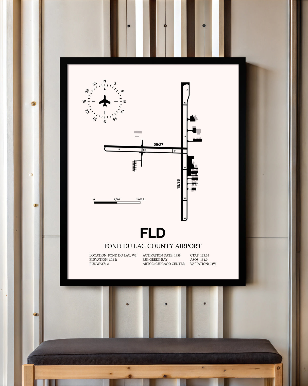 Fond Du Lac County Airport framed poster displayed in an airplane hangar