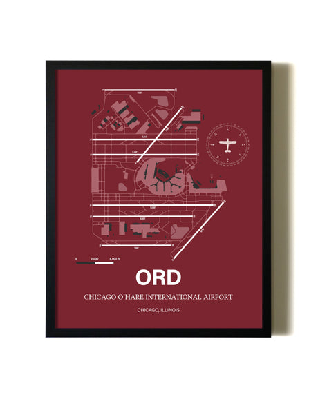 Red Framed Chicago O'Hare International Airport wall art poster in black frame