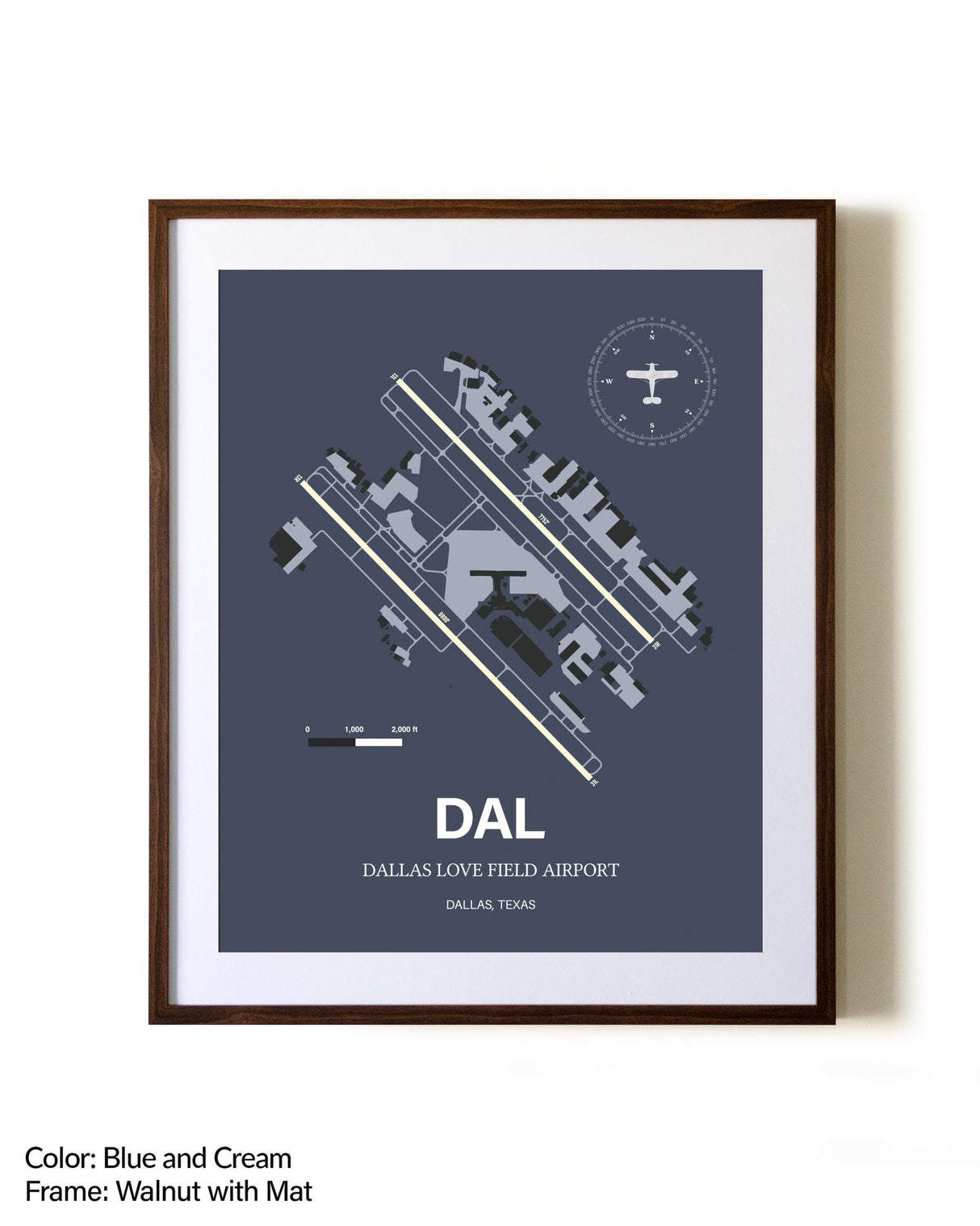 Dallas Love Field Airport aviation print in walnut frame with mat