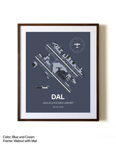 Dallas Love Field Airport aviation print in walnut frame with mat
